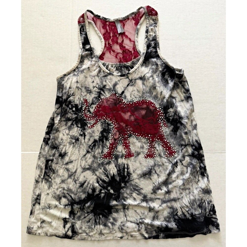 Vanity Y2K Tie Dye Elephant Graphic Tank Top S Rhinestones Lace Back Whimsigoth
